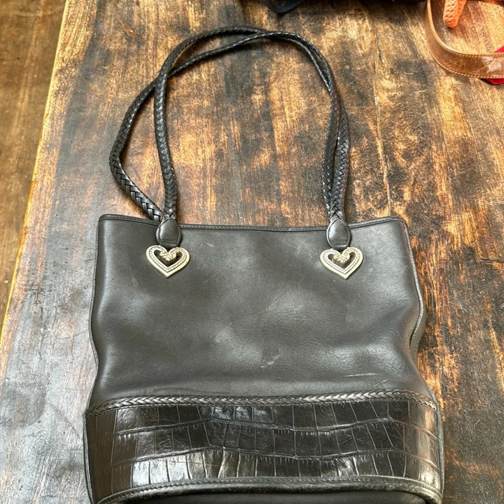 Brighton Black Leather Tote Bag Croc Embossed Trim Braided Straps Heart Hardware - Picture 13 of 16